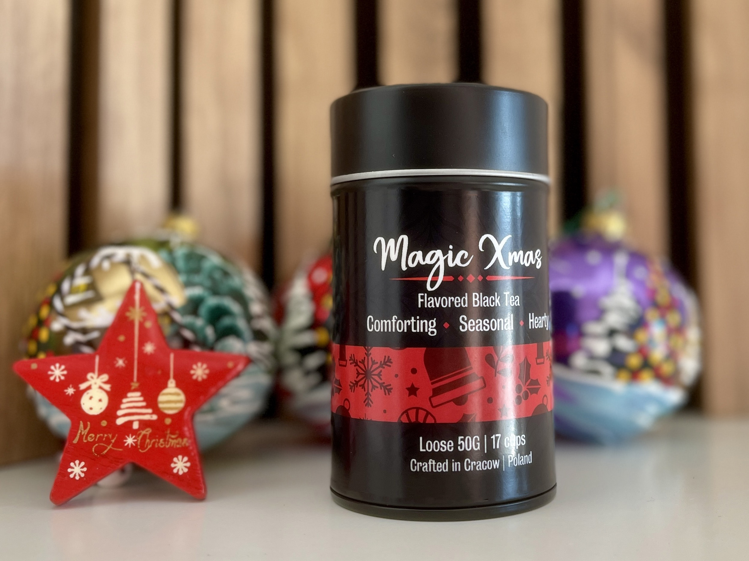 Magic Xmas Leo Tea – opakowania doypack, puszka i kubek tekturowy